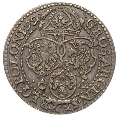 szóstak 1599, Malbork. mała głowa króla i mała kokarda na ramieniu króla, wada blachy, patyna