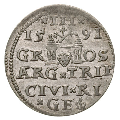 trojak 1591, Ryga, Iger R.91.1.d.- odmiana z krzyżykiem na końcu napisu na awersie, Gerbaszewski 3, ładny