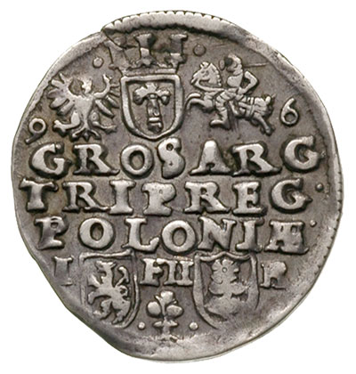 trojak 1596, Poznań, skrócona data po bokach herbów, Iger P.96.9.a (R3), T. 25, rzadki, patyna