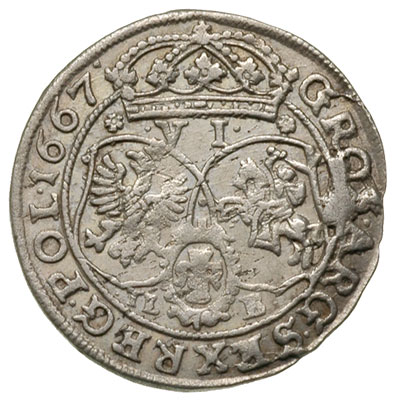 szóstak 1667, Bydgoszcz, na rewersie kwiatki przy koronie i litery TLB, bardzo ładny