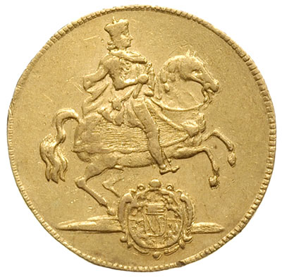 dwudukat wikariacki 1711, Drezno, Aw: Król na koniu, Rw: Dwa stoły z insygniami, złoto 6.88 g, Kahnt 280, H-Cz. 6670