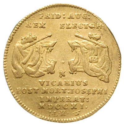 dwudukat wikariacki 1711, Drezno, Aw: Król na koniu, Rw: Dwa stoły z insygniami, złoto 6.88 g, Kahnt 280, H-Cz. 6670