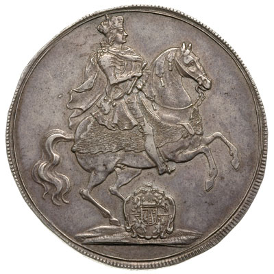 talar wikariacki 1711, Drezno, Aw: Król na koniu, Rw: Dwa stoły z insygniami, 29.19 g, Schnee 1011, Kahnt 283, patyna