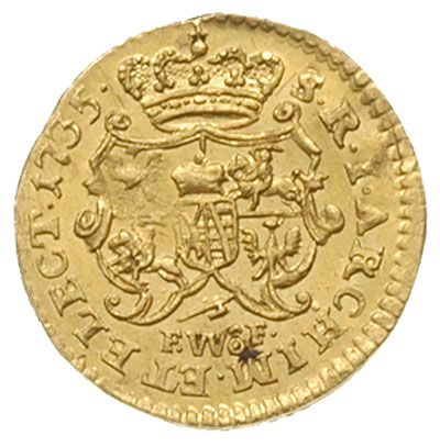 ćwierćdukat 1735, Drezno, Aw: Popiersie w prawo i napis wokoło, Rw: Tarcze herbowe i napis wokoło, złoto 0.88 g, Kahnt 521, Fr. 2852, bardzo ładny