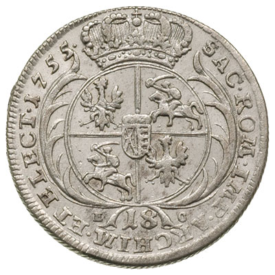 ort 1755, Lipsk, Kahnt 688 (wariant awersu d - masywne i szerokie popiersie i szeroka, wysoka korona), ładny
