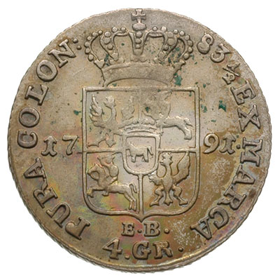 złotówka 1791, Warszawa, Plage 299, wielobarwna patyna
