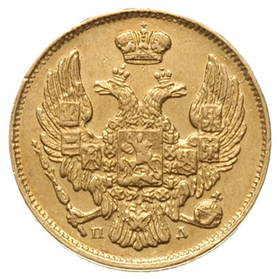 3 ruble = 20 złotych 1834, Petersburg, złoto 3.92 g, Plage 299, Bitkin 1075 (R), bardzo ładne