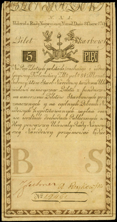 5 złotych polskich 8.06.1794, seria N.A.1, numeracja 19461, \wszlkich, Miłczak A1b