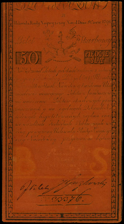50 złotych polskich 8.06.1794, seria B, częściowo widoczny firmowy znak wodny, Miłczak A4, Lucow 30 (R3), ładnie zachowane
