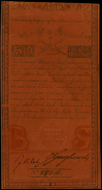 50 złotych polskich 8.06.1794, seria C, Miłczak A4, Lucow 31 (R2), ładnie zachowane