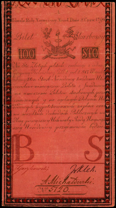 100 złotych polskich 8.06.1794, seria A, Miłczak A5, Lucow 33 (R4), rzadkie nawet w tym stanie zachowania