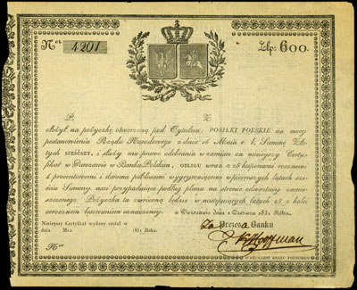 pożyczka na \Posiłki Polskie\" na kwotę 600 złotych 1.06.1831