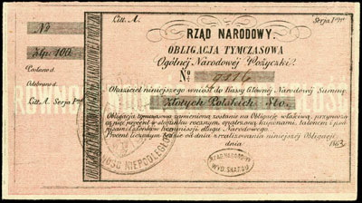 obligacja tymczasowa Ogólnej Narodowej Pożyczki na kwotę 100 złotych 1863, dwie pieczęcie, Lucow 210 (R2), Moczydłowski S4