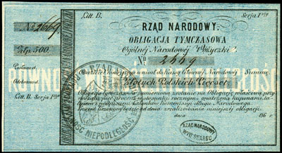obligacja tymczasowa Ogólnej Narodowej Pożyczki na kwotę 500 złotych 1863, dwie pieczęcie, Lucow 211 (R3), Moczydłowski S5