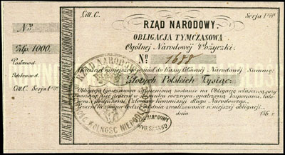 obligacja tymczasowa Ogólnej Narodowej Pożyczki na kwotę 1.000 złotych 1863, dwie pieczęcie, Lucow 212 (R3), Moczydłowski S6