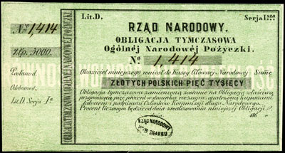 obligacja tymczasowa Ogólnej Narodowej Pożyczki na kwotę 5.000 złotych 1863, jedna pieczęć, Lucow 213 (R4), Moczydłowski S7