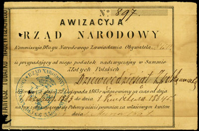 akwizycja Rządu Narodowego na 90 złotych 1.04.1864 (według dekretu z 22.11.1863), Lucow 207 (R5), Moczydłowski -, dwie dziury i naddarcie na marginesie
