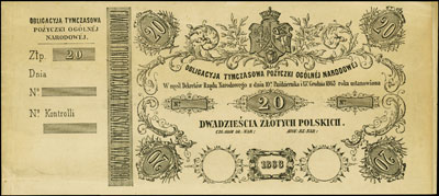 obligacja na 20 złotych 1863, druk nie wypełniony na papierze bez znaków wodnych ale z kuponem kontrolnym, strona główna i odwrotna oddzielnie wydrukowane na tej samej stronie szerokiego arkusza papieru, Lucow - nie notuje (patrz 222), Moczydłowski S19 (R)