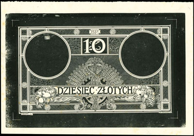 odbitka z kliszy negatywowej w kolorze czarnym strony odwrotnej banknotu 10 złotych emisji 1919 na papierze bez znaków wodnych, zamienione miejscami sygnatury: E. Gaspe oraz Ad. Giraldon, Lucow -, nie notowane i niezwykle rzadkie