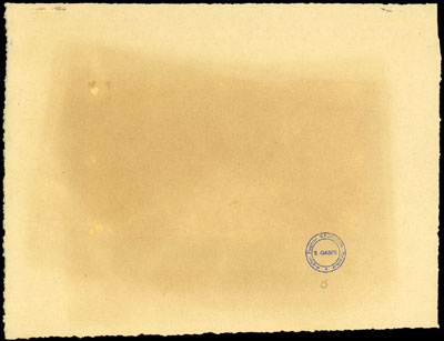 próba druku strony odwrotnej banknotu 10 złotych emisji 1919 roku, papier bez znaku wodnego docięty do wielkości rysunku, całość naklejona na papierze ze znakami wodnymi \MBM, stempel E. Gaspe na odwrocie i numeracja ołówkiem \"15, Lucow -