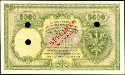 5.000 złotych 28.02.1919, seria A, bez numeracji, trzykrotnie czerwony nadruk: \SPECIMEN / NO VALUE, trzykrotna perforacja