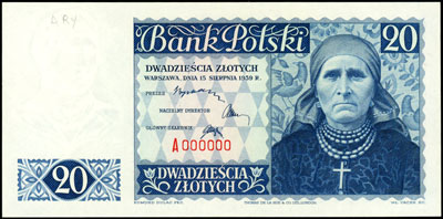 20 złotych 15.08.1939, seria A 000000, papier ze