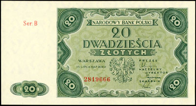 20 złotych 15.07.1947, seria B, Miłczak 130, Lucow 1210 (R3)