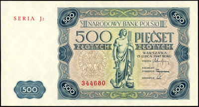 500 złotych 15.07.1947, seria J2, Miłczak 132b, Lucow 1230 (R4)