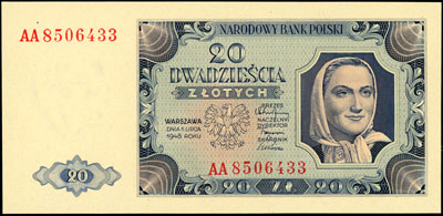 20 złotych 1.07.1948, seria AA, Miłczak 137b, Lucow 1268 (R3) - ale nie notuje tej serii, wyśmienicie zachowane