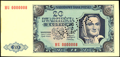 20 złotych 1.07.1948, seria HU 0000008, ukośna p
