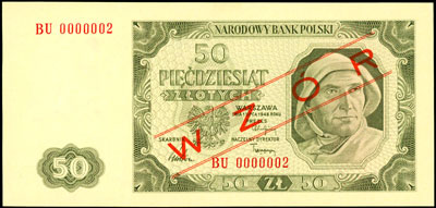 50 złotych 1.07.1948, seria BU 0000002, ukośny czerwony nadruk \WZÓR, Miłczak 138g