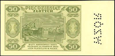 50 złotych 1.07.1948, seria DD 4645219, na marginesie perforacja napisu \WZÓR, Miłczak 138g