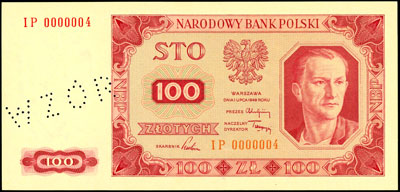 100 złotych 1.07.1948, seria IP 0000004, na marginesie perforacja napisu \WZÓR, Miłczak 139f