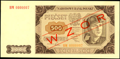 500 złotych 1.07.1948, seria BM 0000007, ukośny czerwony nadruk \WZÓR, Miłczak 140c