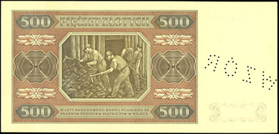 500 złotych 1.07.1948, seria CC 0000005, na marginesie perforacja napisu \WZÓR, Miłczak 140d