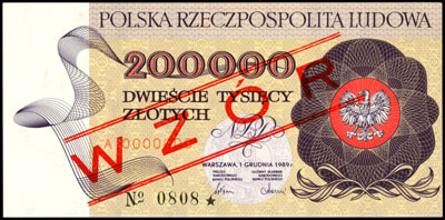 200.000 złotych 1.12.1989, seria A 0000000, ukoś