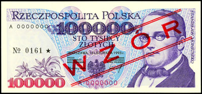 100.000 złotych 16.11.1993, seria A 0000000, uko