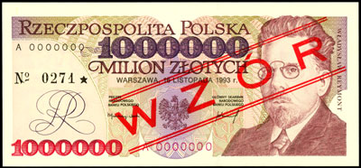1.000.000 złotych 16.11.1993, seria A 0000000, u
