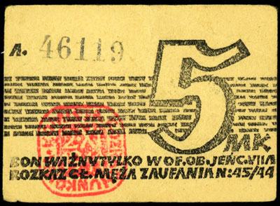 Obóz VII A w Murnau, bony na 1, 10 i 50 fenigów oraz 1 i 5 marek, Lucow 937 (R2), 939 (R1), 941 (R3), 943 (R4) i 947 (R5)- notuje tylko numerację 6-cyfrową, łącznie 5 sztuk
