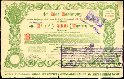 Bank Krajowy Królestwa Galicyi i Lodomeryi z Wielkiem Księstwem Krakowskiem, 4% list zastawny na 5.000 koron. Lwów 1.01.1907, seria IV, z kuponami