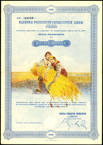 Fabryka Produktów Chemicznych Liban S.A., akcja na 100 złotych, Kraków 1.01.1925, talon z kuponami, bardzo dekoracyjna i efektowna