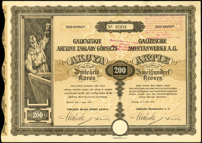 Galicyjskie Akcyjne Zakłady Górnicze, akcja na 200 koron, Siersza 4.05.1918, z kuponami