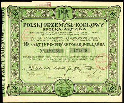 Polski Przemysł Korkowy S.A., 10 akcji po 500 marek polskich = 5.000 marek polskich, Warszawa 1922, z kuponami