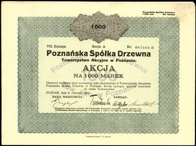 Poznańska Spółka Drzewna Towarzystwo Akcyjne w Poznaniu, akcja na 1.000 marek, Poznań 9.06.1923, VII emisja, z kuponami