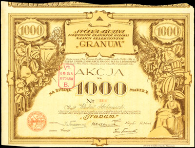S.A. Połączonych Krajowych Hodowli Nasion Selekcyjnych \Granum, akcja na 1.000 marek polskich 1920