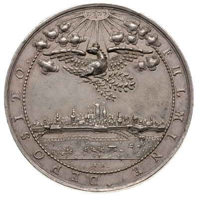 medal autorstwa Jana Buchheim’a wybity z okazji Pokoju w Oliwie w 1660 r., Aw: Panorama Gdańska, nad którą unosi się ukoronowany orzeł z wieńcem laurowym gałązką oliwną w dziobie i napis w otoku FULMINE DEPOSITO, Rw: Widok portu gdańskiego z okrętami i napis w otoku POSUERE IAMVENTI, srebro 39.48 g,  57 mm, H-Cz. 5910 (R6), Vossberg. 168, egzemplarz z aukcji F R Künkera 76/3561, bardzo rzadki medal po raz pierwszy na aukcji w Polsce, patyna