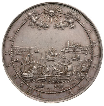 medal autorstwa Jana Buchheim’a wybity z okazji Pokoju w Oliwie w 1660 r., Aw: Panorama Gdańska, nad którą unosi się ukoronowany orzeł z wieńcem laurowym gałązką oliwną w dziobie i napis w otoku FULMINE DEPOSITO, Rw: Widok portu gdańskiego z okrętami i napis w otoku POSUERE IAMVENTI, srebro 39.48 g,  57 mm, H-Cz. 5910 (R6), Vossberg. 168, egzemplarz z aukcji F R Künkera 76/3561, bardzo rzadki medal po raz pierwszy na aukcji w Polsce, patyna