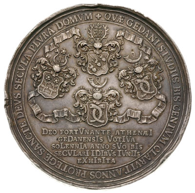 August III, medal Ch. Wermutha wybity z okazji 200-Lecia Gimnazjum Gdańskiego 1758 r., Aw: Ogród w stylu francuskim z fontanną w środku