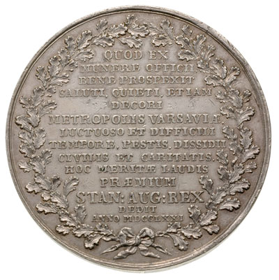 Stanisław Lubomirski - marszałek wielki koronny, medal autorstwa J. F. Holzhaeussera, około 1771 r, Aw: Półpostać z laską marszałkowską w lewo i napis w otoku STANIS. LUBOMIRSKI SUPR REG POL MARESCH S R I P, Rw: W wieńcu dębowym napis w czternastu wierszach i data MDCCLXXI, srebro 89.98 g, 59 mm, H-Cz. 3941 (R2), Racz. 555, Więcek 28, delikatna patyna