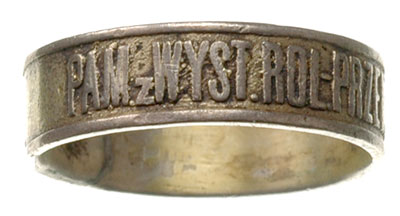 Wystawa Rolniczo - Przemysłowa w Warszawie 1885 r., pamiątkowa obrączka z napisem PAM z WYST.ROL- PRZEM. w WARSZ. 1885, dwie punce nieczytelne, srebro złocone 2.45 g